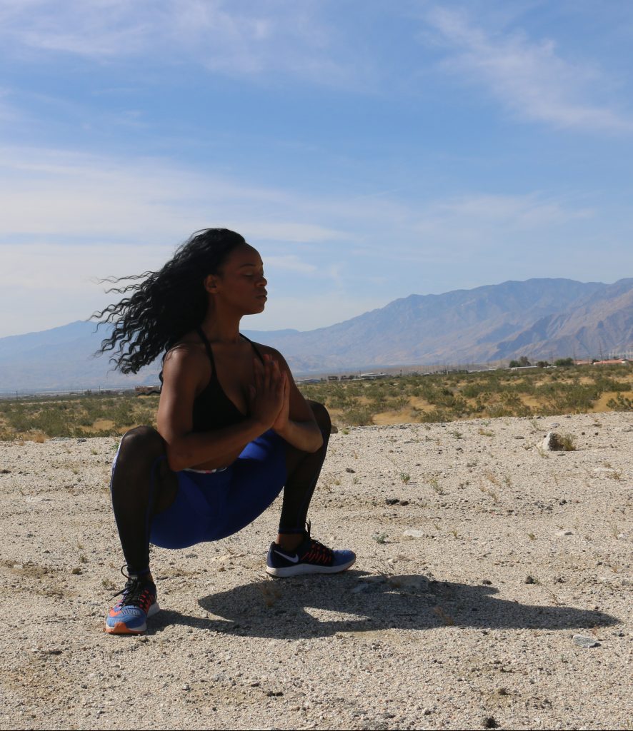 yogi-squat-pose-muladhara-black-girl-yoga-palm-springs-california-mountains-self-care-positive-mantra-beauty-and-the-beat-blog